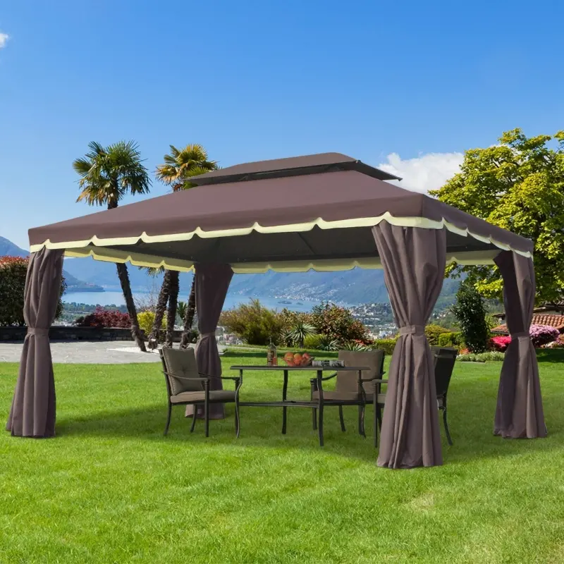 Outsunny 10"x 13" Steel Permanent Octagon Screened Garden Gazebo Kit - Coffee