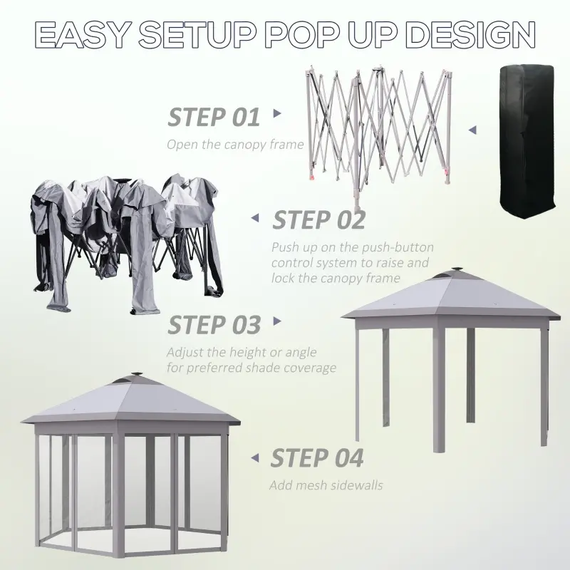 Outsunny Pop Up Gazebo Tent Height Adjustable Canopy w/ Solar LED Light and Mesh Netting, Grey