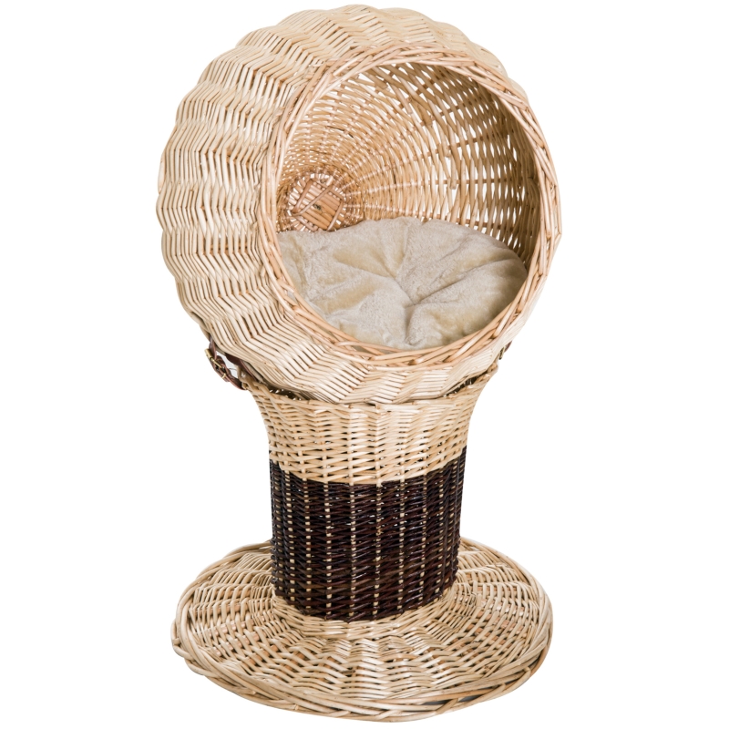 PawHut 28"H Hooded Rattan Wicker Elevated Cat Bed