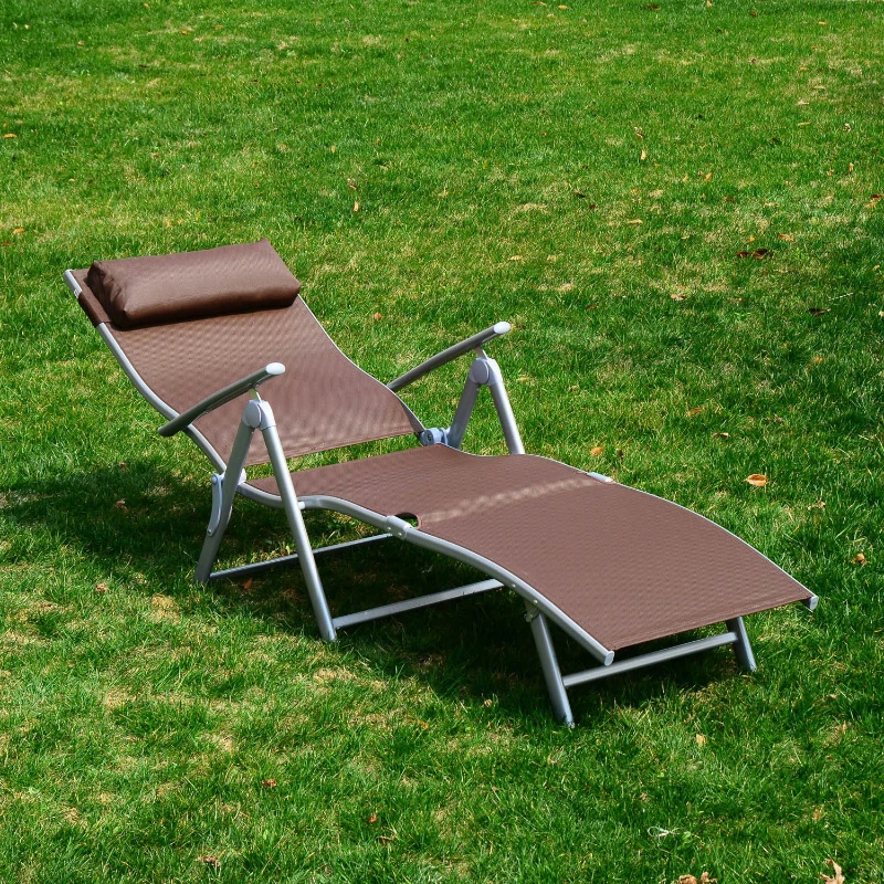 Outsunny Patio Reclining Chaise Lounge Chair with Cushion - Brown and Silver Outdoor Deck