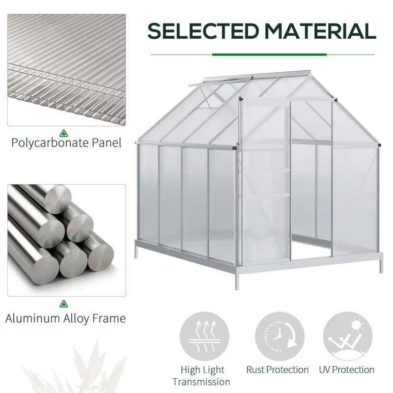 Outsunny 8' x 6' Aluminum Outdoor Greenhouse, Polycarbonate Walk-in Garden Greenhouse Kit with Adjustable Roof Vent, Rain Gutter and Sliding Door for Winter, Silver