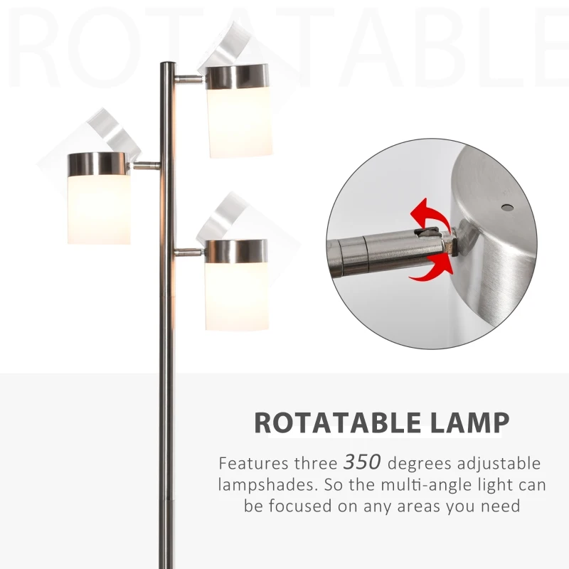 HOMCOM Modern Floor Lamp, Standing Lamp with 3 Rotating Lights for Living Room, Bedroom, Office, Silver