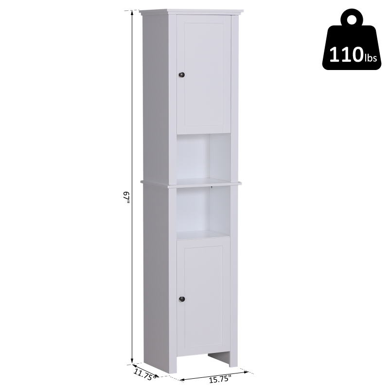 Open Box HomCom 67" Wood Free Standing Bathroom Linen Tower Storage Cabinet - White