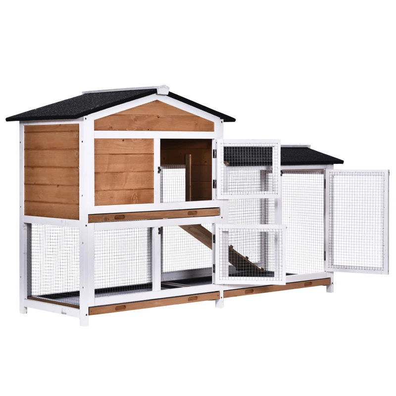 PawHut Wooden 2-Tier Rabbit Hutch with Outdoor Run and Ramp, Spacious Backyard Bunny Cage, Small Animal House
