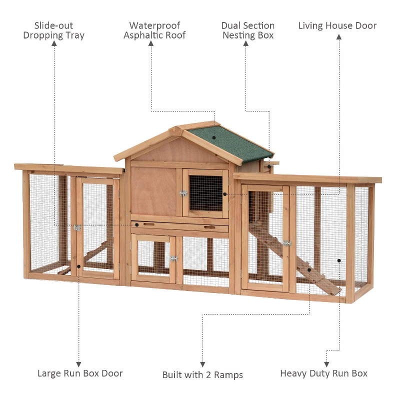 PawHut 80" Large Wooden Chicken Coop Backyard Hen Cage House Poultry w/ Nesting Box Run - Brown