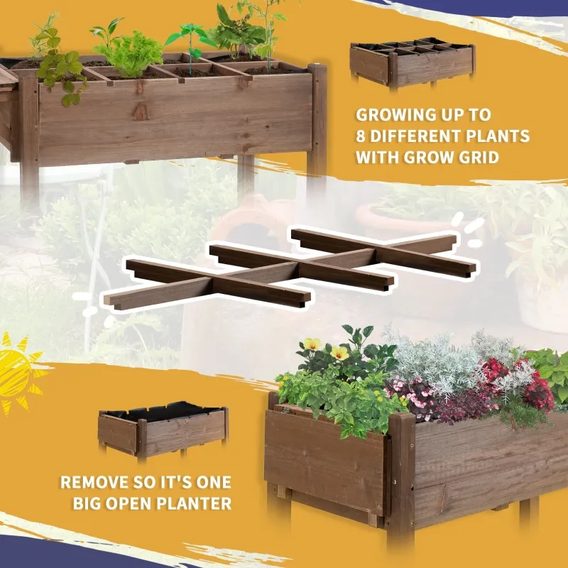 Outsunny Wooden Garden Box, 34.25H with 8 Pockets and Lockable Wheels, Foldable Side Clapboard, Elevated and Self-Draining Design, to Grow Herbs, Vegetables, and Flowers, Brown