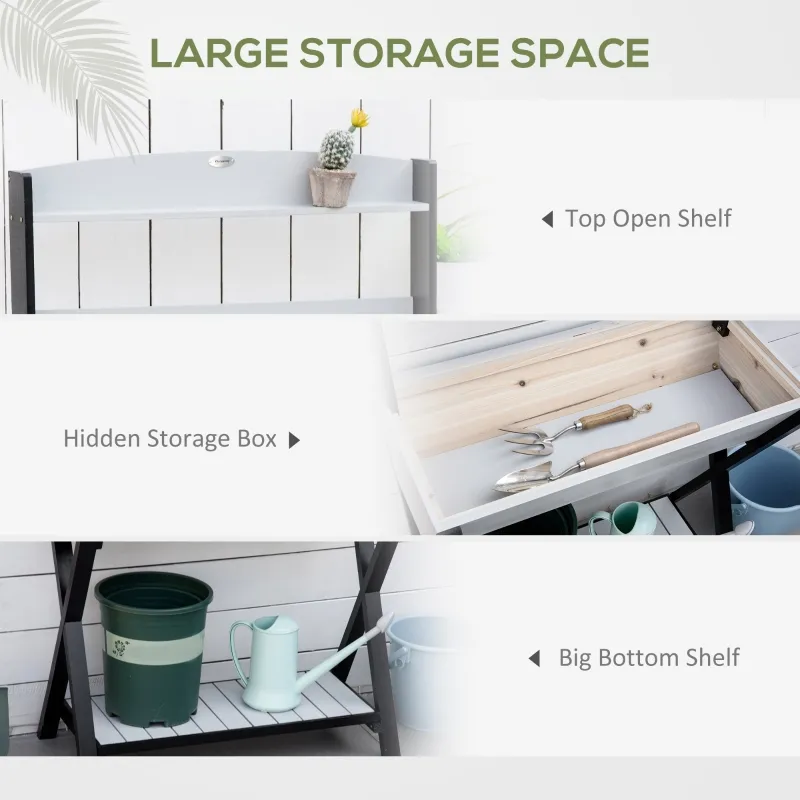 Outsunny Garden Potting Bench Table with Hidden Storage Box, Wood Outdoor Work Station with Open Top and Lower Shelf