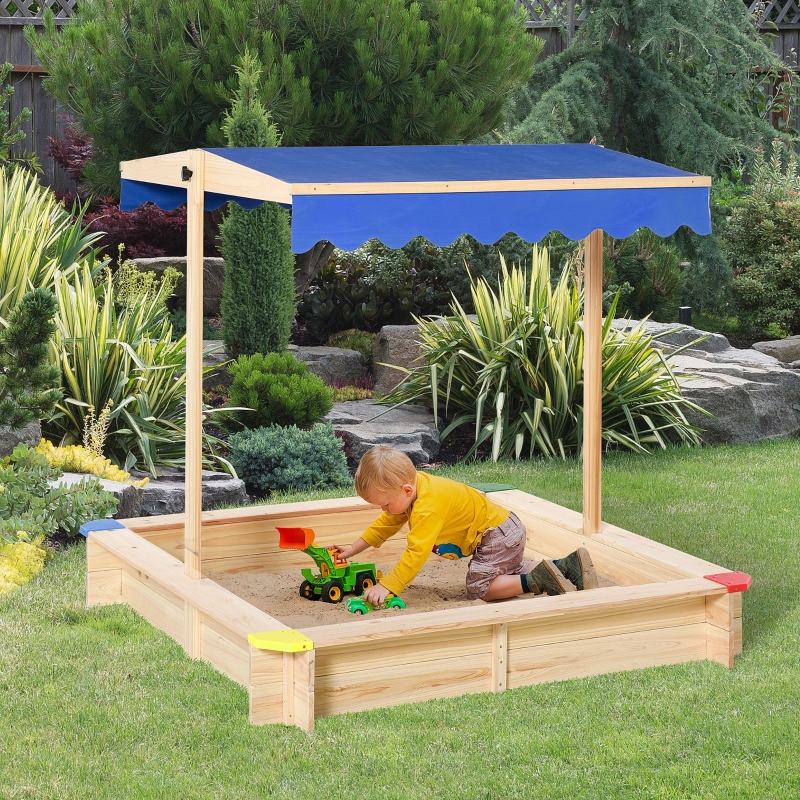 Outsunny Kids Wooden Sandbox, Play Station for Children Outdoor, with Adjustable Canopy Shade, Seats, for Backyard, Beach, 47" x 47" x 47", Natural