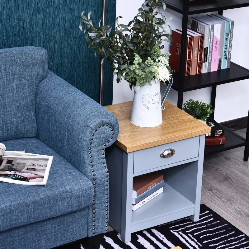 HOMCOM Wood Grain Small Space Nightstand Sofa Table Drawer Bottom Shelf Home -  Grey