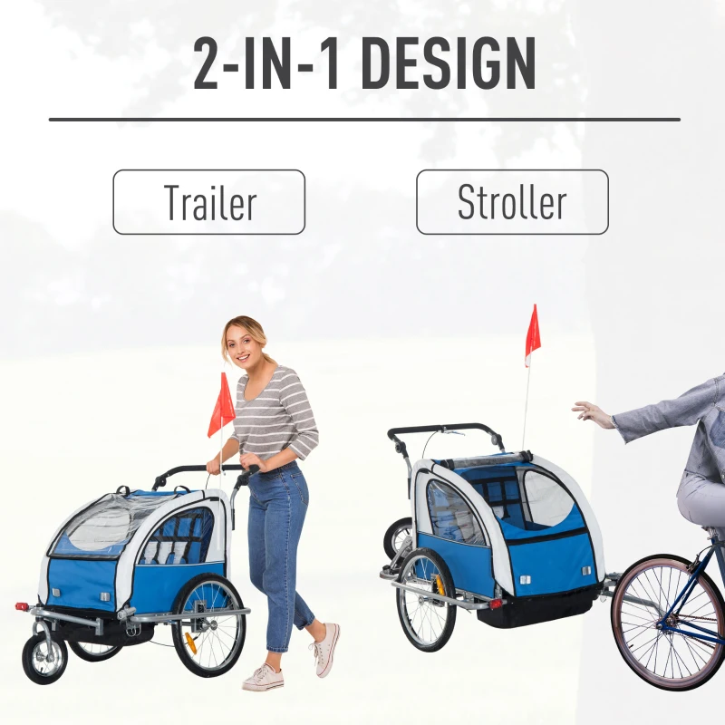 Aosom Elite Double Baby Bike Trailer Stroller Child Bicycle Jogger Swivel Wheel - Blue and Gray