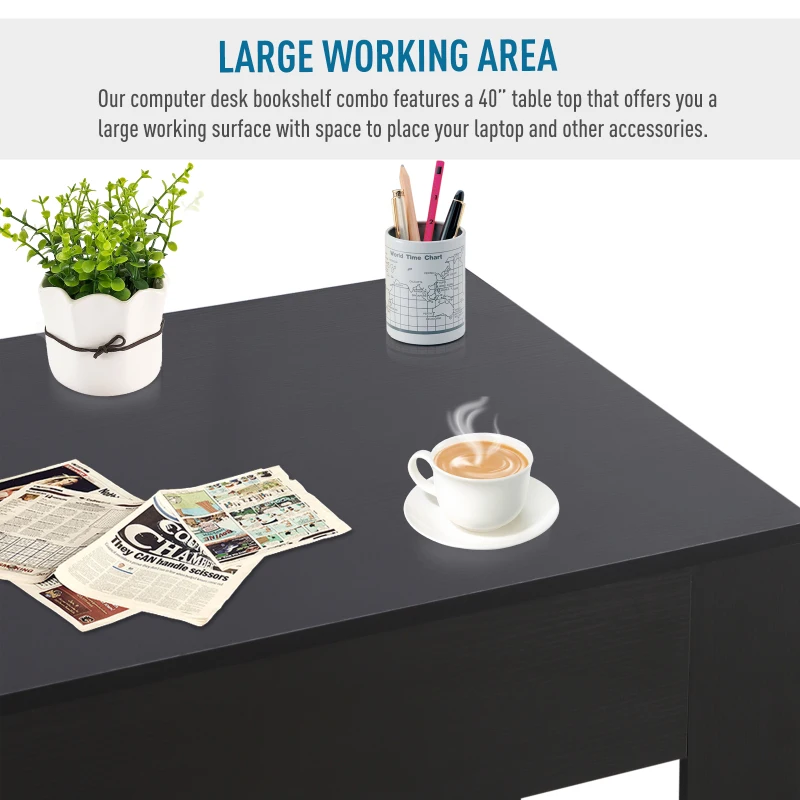 HomCom 40" Space Saving Modern Home Office Computer Desk Bookshelf Combo - Black