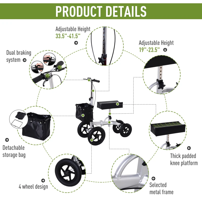 HOMCOM Knee Scooter with Basket Storage Walker Mobility During Medical Rehabilitation & Injury Folding for Transport - Silver