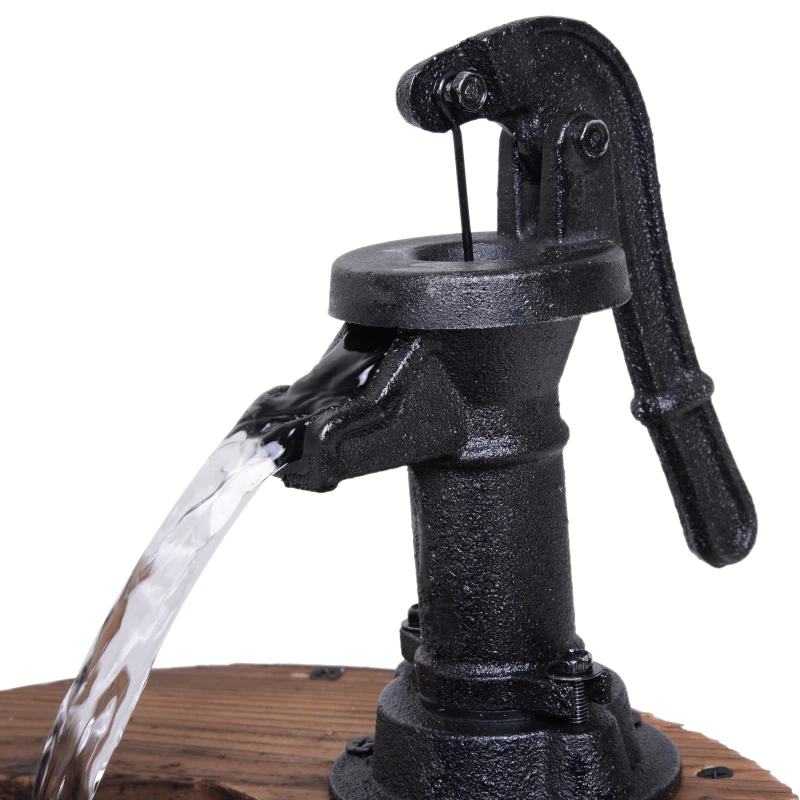 Outsunny Barrel Water Fountain Wood Metal Rustic Outdoor Apple Garden Decor Pump with Flower Planter
