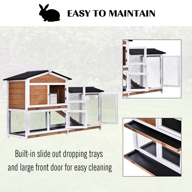 PawHut Wooden 2-Tier Rabbit Hutch with Outdoor Run and Ramp, Spacious Backyard Bunny Cage, Small Animal House