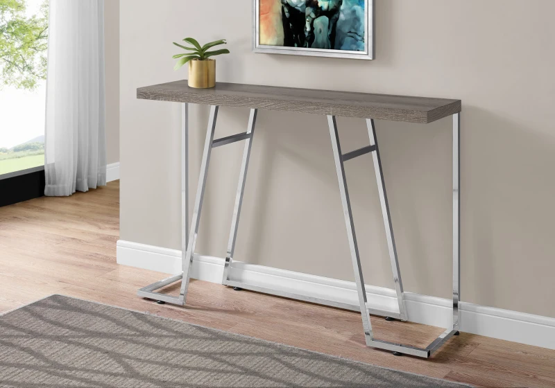 Monarch 48" Contemporary Thick Panel Top Chrome Metal Legs Accent Hall Console Table - Dark Taupe Wood Grain-Look Finish