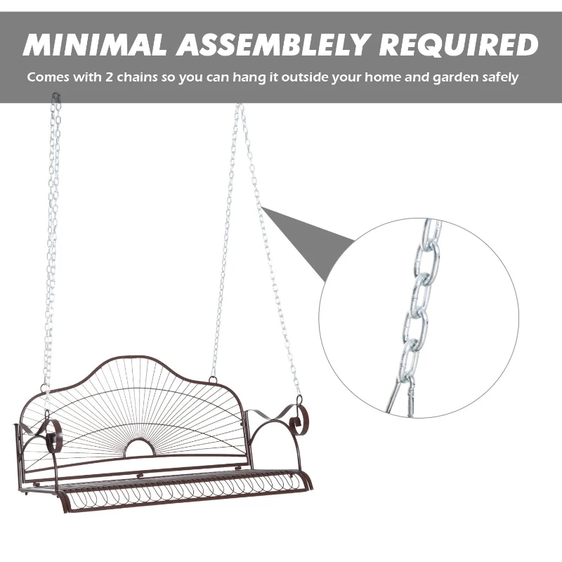 Outsunny Steel 2 Person Patio Porch Relaxation Swing Hanging Chair Bench w/ Chain - Brown