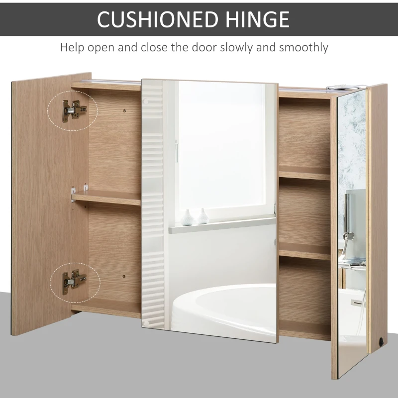 Kleankin 36" x 24" Triple Door LED Bathroom Mirror Medicine Cabinet - White Oak