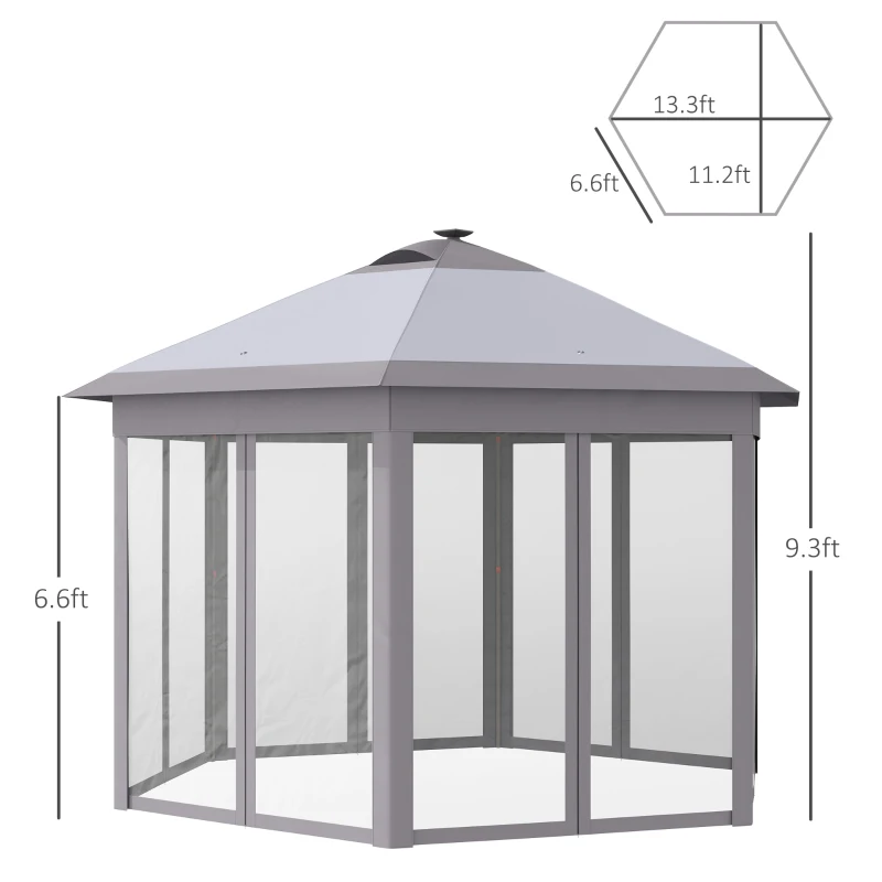 Outsunny Pop Up Gazebo Tent Height Adjustable Canopy w/ Solar LED Light and Mesh Netting, Grey