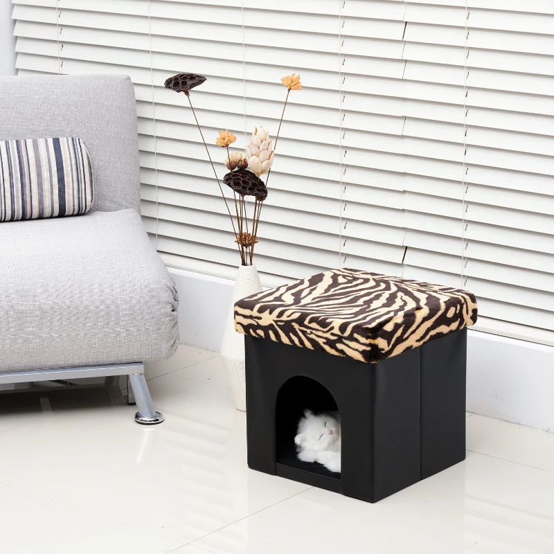 HomCom 15” Foldable Storage Ottoman - Black w/ Tiger Print