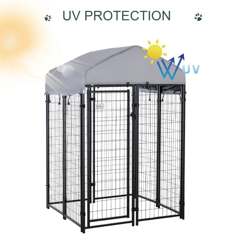 PawHut Outdoor Dog Kennel Run House Crate Cage Enclosure Anti-Sun Roof Patio Pet Shelter - Gray and Black