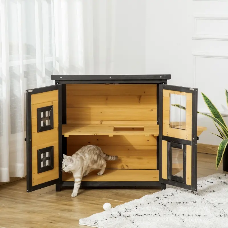 PawHut 2-Tier Cat House, Outdoor Feral Cat Shelter, with Weather Resistant Roof, Escape Door, PVC Curtain, Glass Window, Yellow