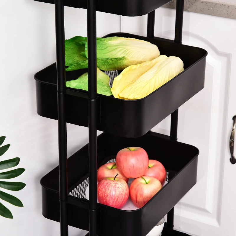 HOMCOM 4-Tier Rolling Metal Kitchen Utility Cart Trolley with Storage - Black