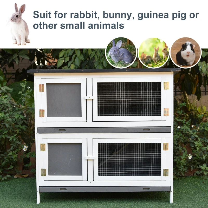 PawHut Solid Wood Double Rabbit Hutch with 2 Large Main Rooms and Firm Cage - Grey