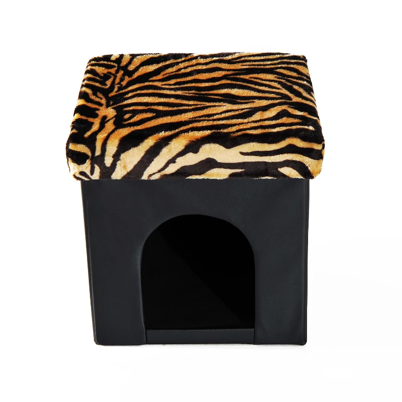 HomCom 15” Foldable Storage Ottoman - Black w/ Tiger Print