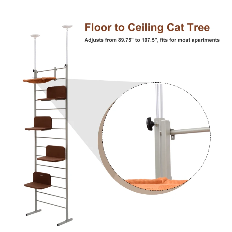 PawHut 9FT Adjustable Multi-Level Cat Climber Climbing Tree Tower Scratcher Post Steps - Brown