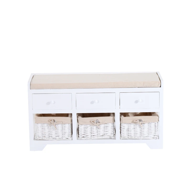 HomCom 39” Rustic Wooden 3 Drawer 3 Basket Storage Bench With Padded Seat  - White/Beige