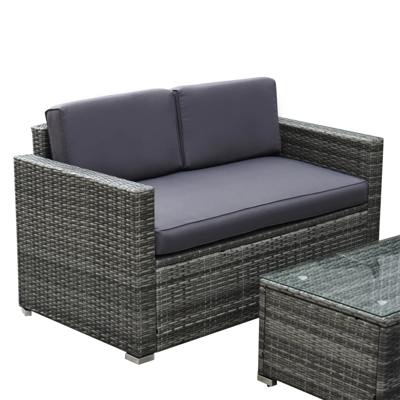 Outsunny Outdoor Patio Rattan Wicker Sofa Set w/ Glass Coffee Table - Grey