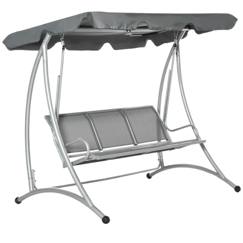 Outsunny 3 Person Patio Swing Seats, Porch Swing with Stand and Adjustable Canopy Outdoor Swing Chair Bench for Garden, Poolside, Grey
