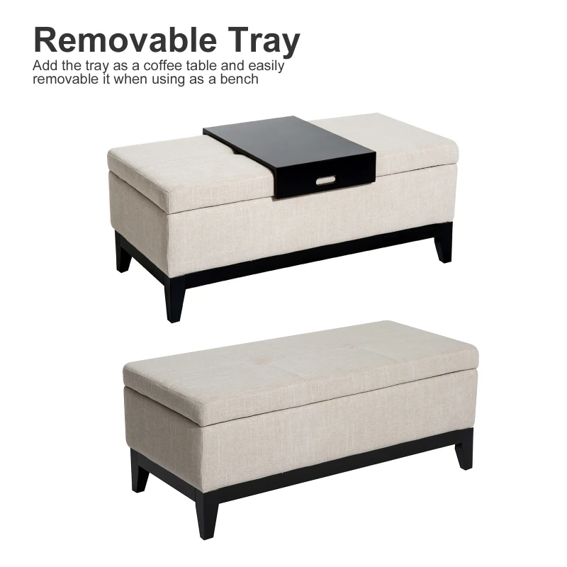 HOMCOM 42" Rectangular Storage Ottoman Bench, Linen Fabric Coffee Table Ottoman with Removable Tray for Living Room, Entryway, or Bedroom, Cream White