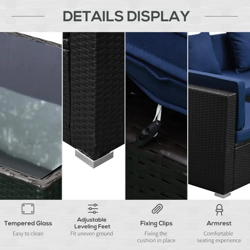 Outsunny 7 Piece Set Rattan Sofa Luxury Modular Conversation Outdoor Furniture - Deep Blue
