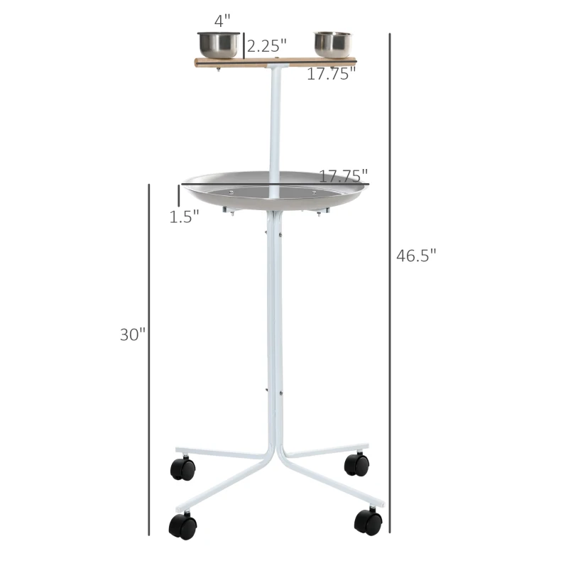 PawHut Rolling Parrot Stand with Lightweight Design, Metal Bird Stand with Wheels, Wooden Parrot Perch Stand, Stainless Steel Bird Food Bowls, Pure White