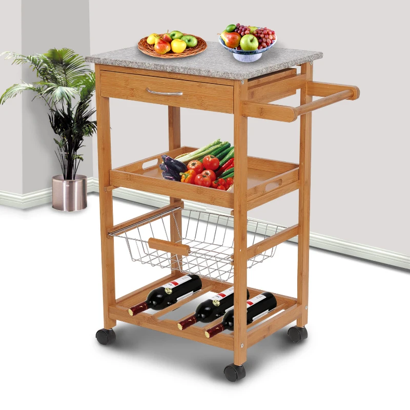 HomCom 31" Wooden Kitchen Island Rolling Storage Cart Dining Food Service Cabinet Trolley With Granite Top and Wine Rack