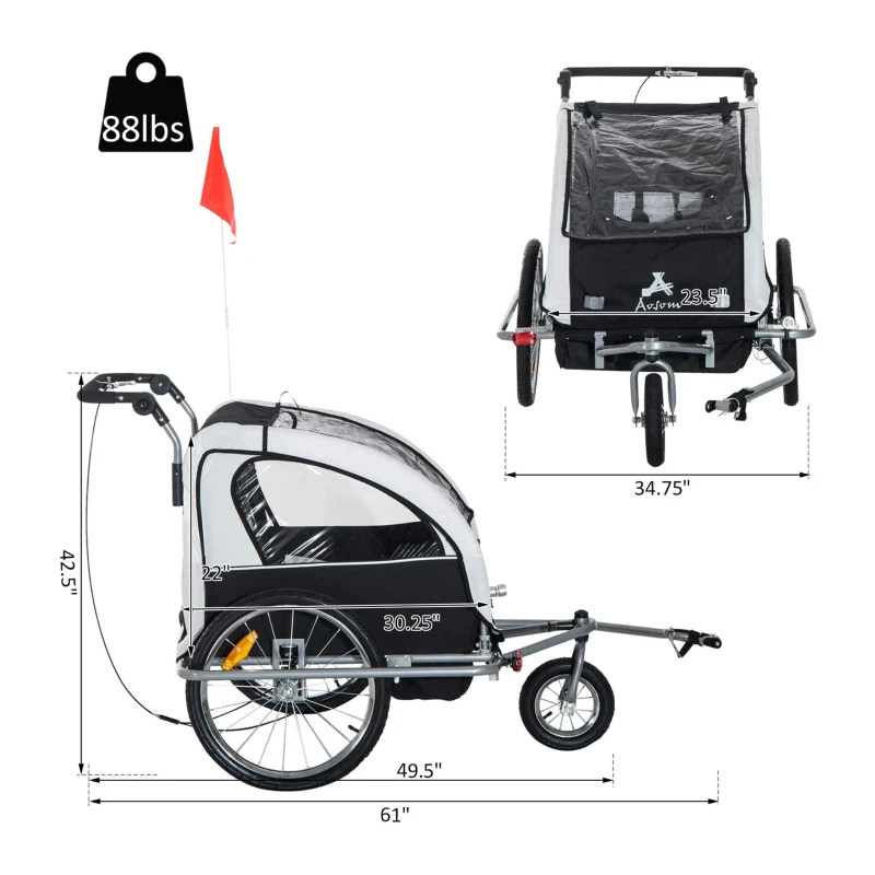 Aosom 2-Seat Kids Bicycle Trailer 55lbs Steel w/ Water Resistant Carrier Windows