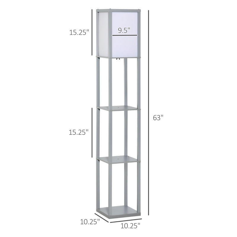 HOMCOM 3-Tier Floor Lamp, Standing Reading Light with Storage Shelves for Living Room, Bedroom, or Dining Room, Grey