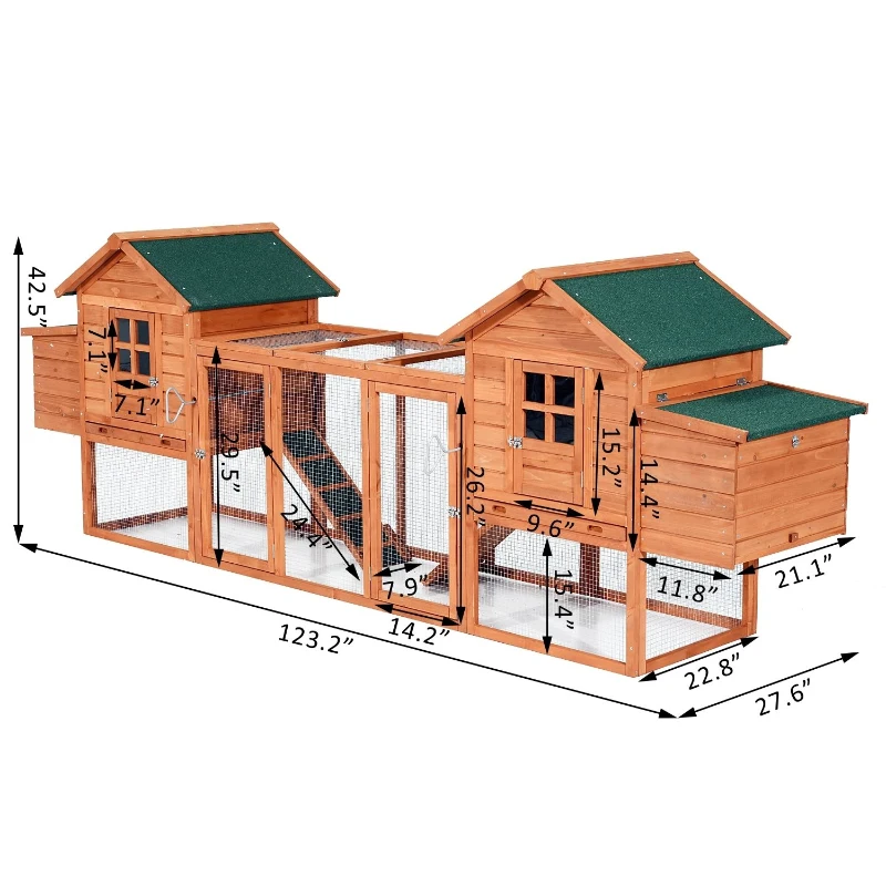 PawHut Dual Chicken Coop with Garden Bed, Large Hen House with Nesting Boxes, Removable Trays, Ramps, 123" x 27.5" x 42.5", Natural Wood