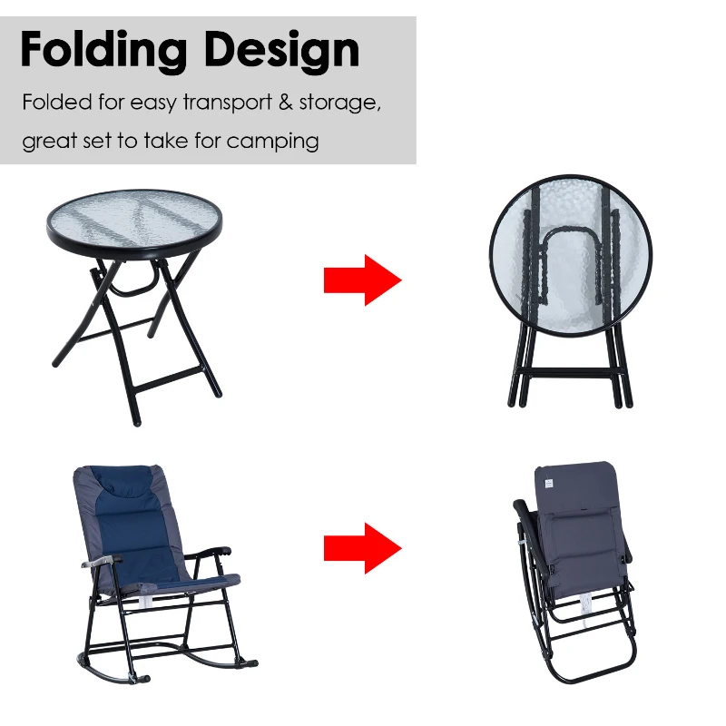 Outsunny 3 Piece Outdoor Patio Set with Glass Coffee Table & 2 Folding Padded Rocking Chairs, Navy Blue