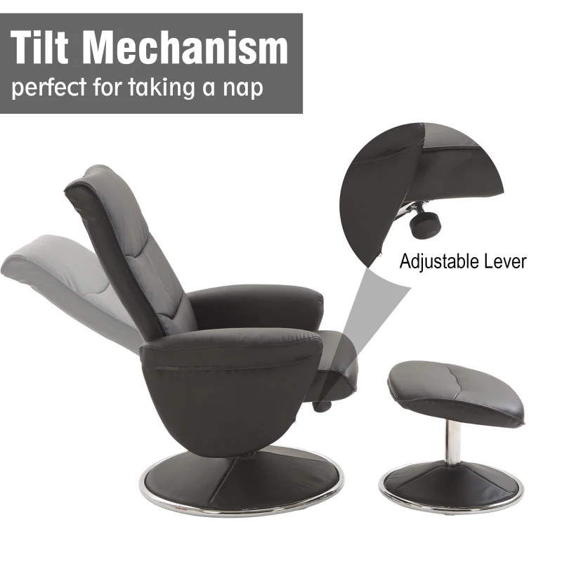 HOMCOM PU Leather Modern Swivel Recliner Chair with Ottoman Set - Black