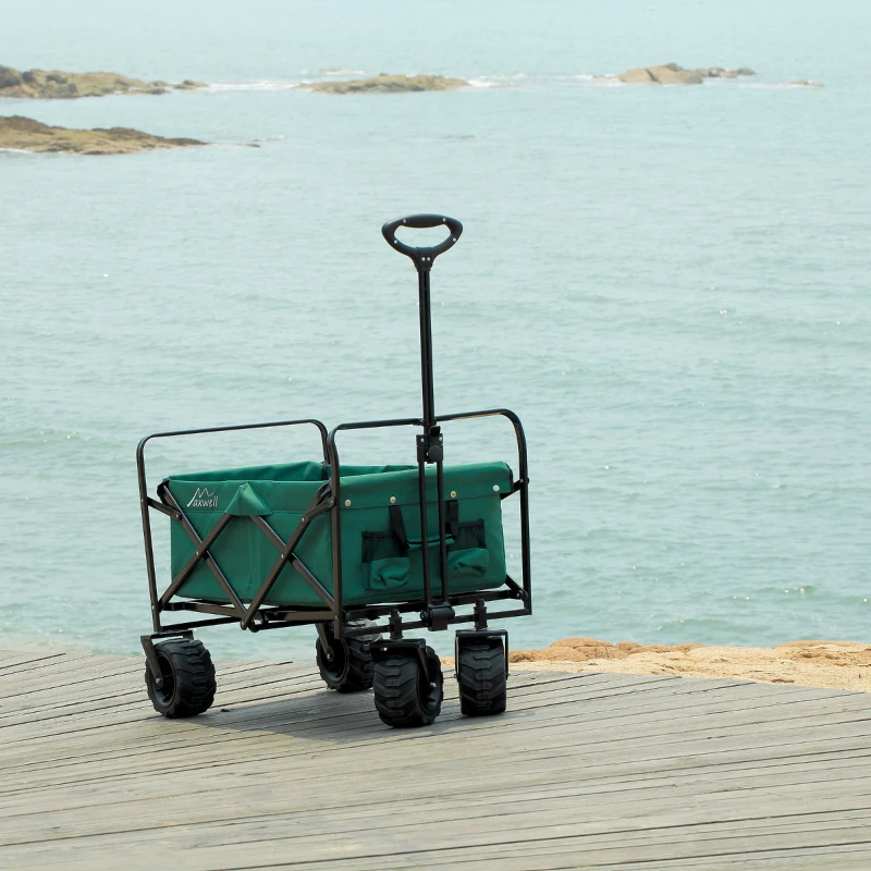 Aosom Utility Folding Wagon Big Wheels Collapsible Outdoor Garden Cart with Steel Structure for Shopping, Fishing, Camping, Beach - Green