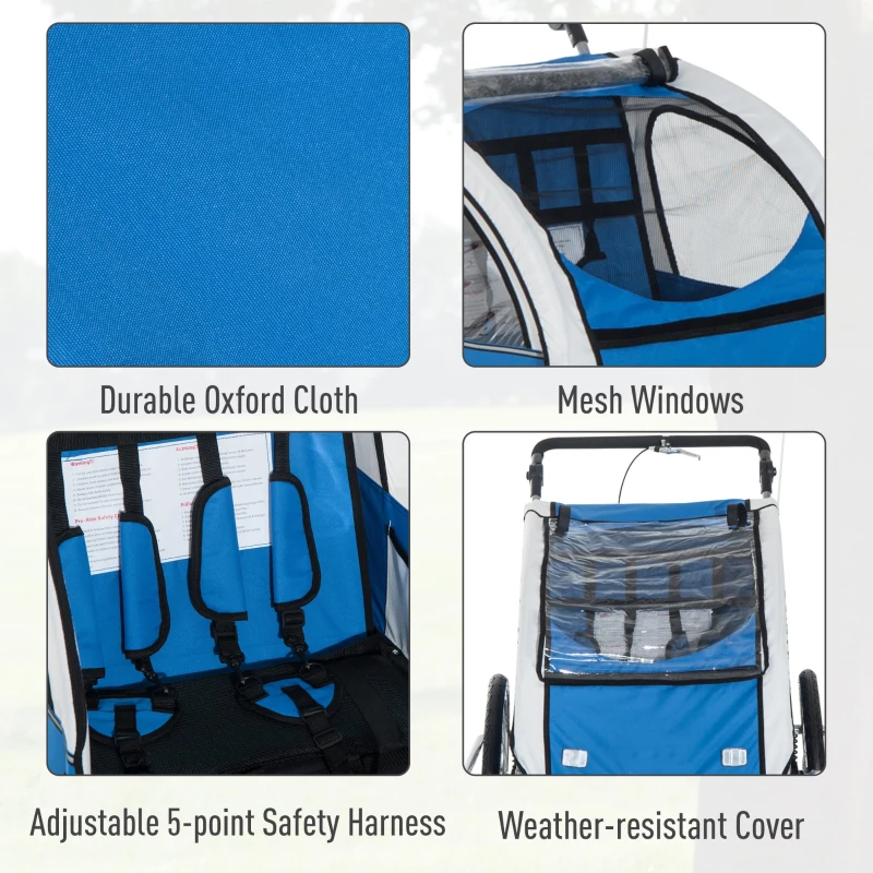 Aosom Elite Double Baby Bike Trailer Stroller Child Bicycle Jogger Swivel Wheel - Blue and Gray
