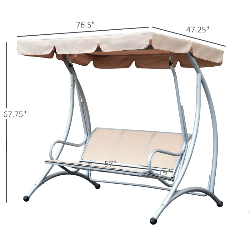 Outsunny 3-Seater Patio Swing Chair with Adjustable Canopy Top, Comfortable Outdoor Swing Bench, Beige - Great for Backyard & Balcony