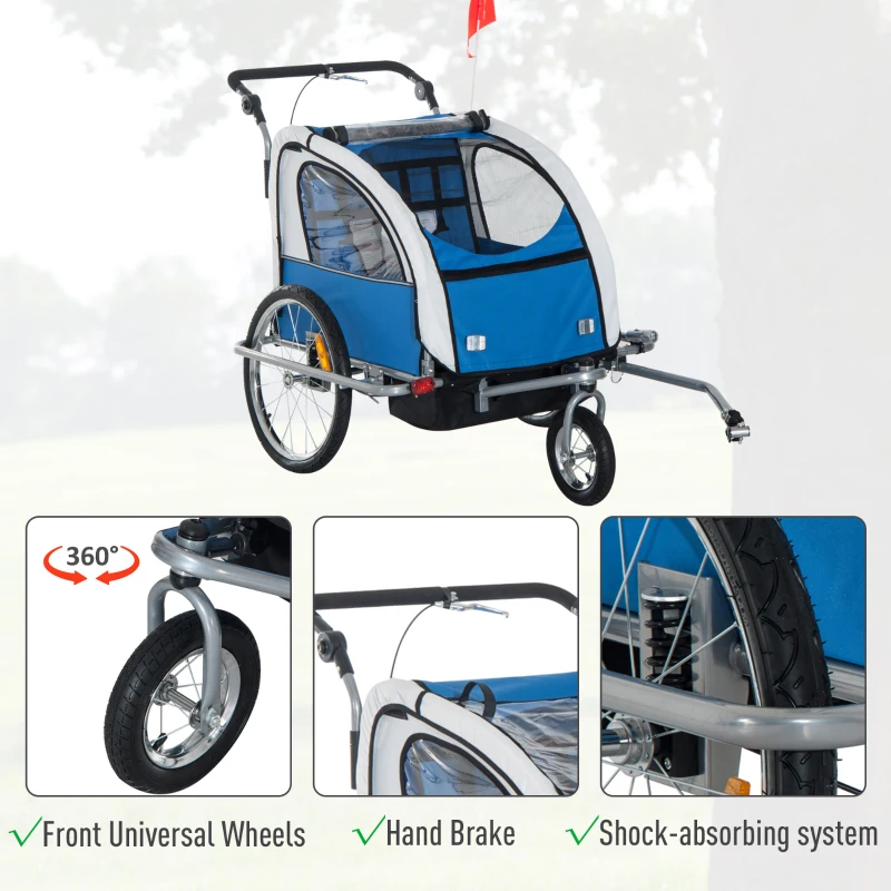 Aosom Elite Double Baby Bike Trailer Stroller Child Bicycle Jogger Swivel Wheel - Blue and Gray