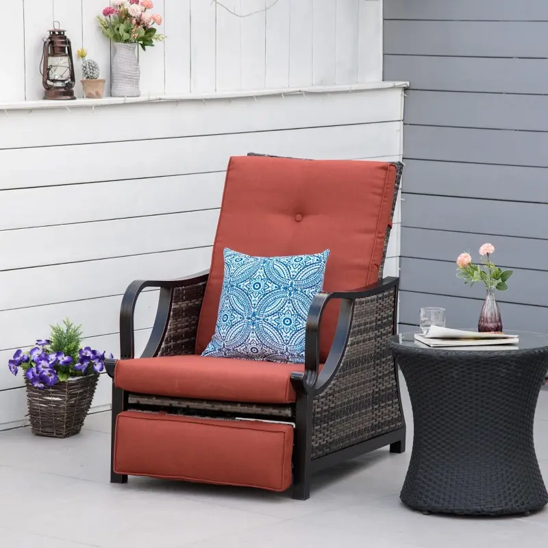 Outsunny Outdoor Patio Recliner with All Hand-Woven Wicker, Adjustable Lounge Chair w/ Cushions, Rust-Resistant Metal Frame for Backyard, Garden, Patio, Red