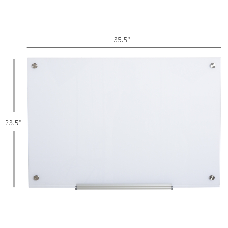 Vinsetto 35.5" x 23.5" Glass Magnetic Dry Erase Whiteboard, Frameless Board on Wall, with Dry Eraser, 4 Markers and Pen Holder - White