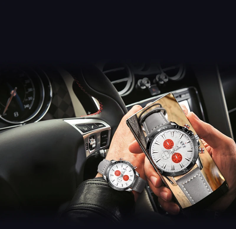 Senors Orange Dial Men's Chronograph Watch Grey Genuine Leather Strap Quartz Watch Auto Date Sports Mens Watches Internet Celebrity