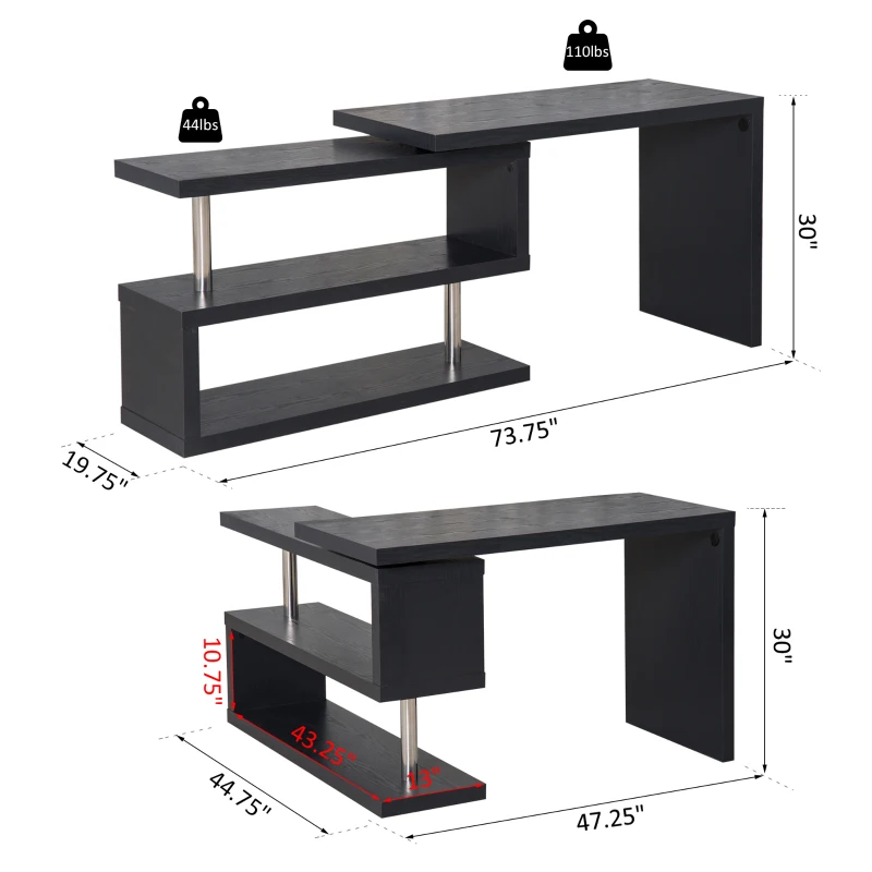 HomCom Foldable Convertible Rotating Office Desk Shelf Combo Writing Table - Black