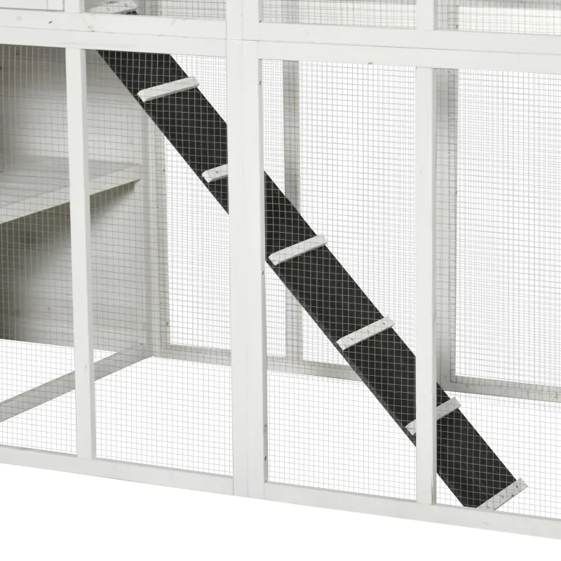 PawHut Wooden Cat Home Enclosure Pet House Shelter Cage Outdoor Play Area Run, White